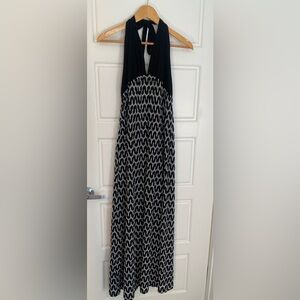 Black and White Patterned Halter Maxi Dress Open Knit Beach Cover Up